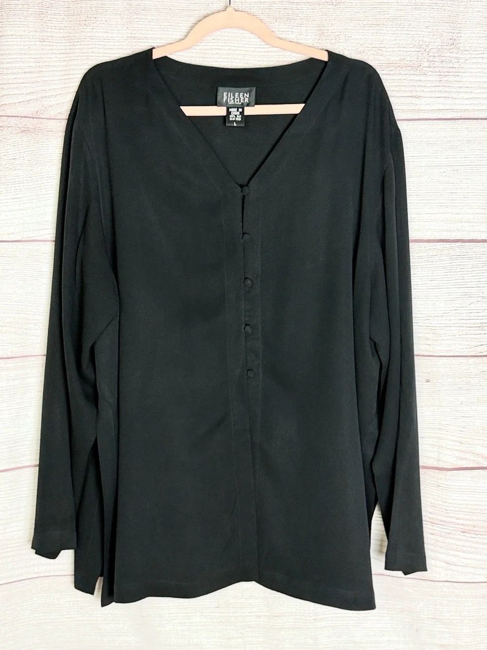 Eileen Fisher Black Silk Blouse Tunic Partial Button-Front Oversized V-neck L
